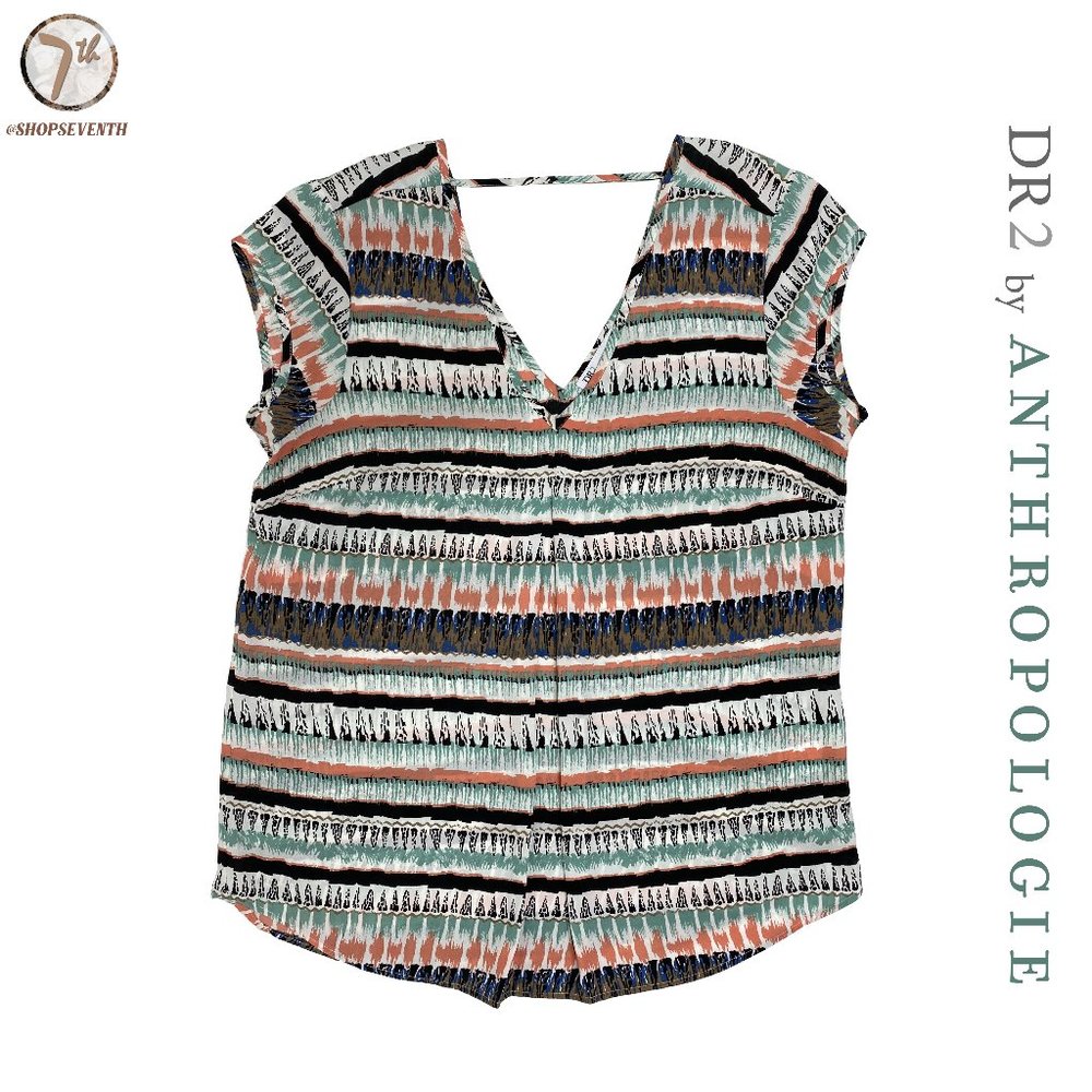 (40% OFF) DR2 Anthropologie V-Neck Blouse Cute Boho Watercolor Print Top